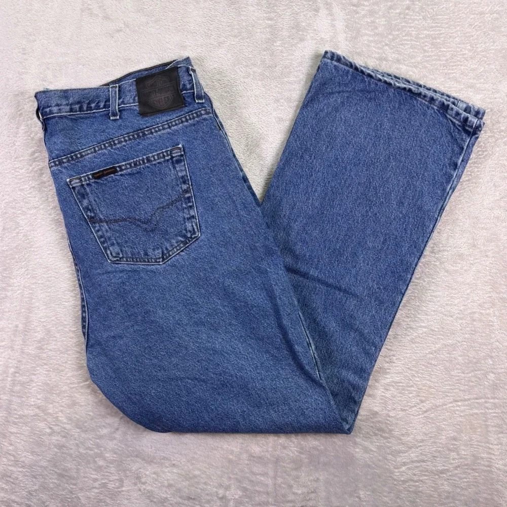 Harley Davidson Mens Jeans 44x32 Blue Straight Leg Denim Embroidered Logo 99026N
